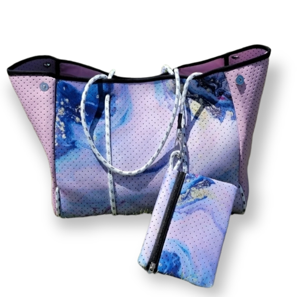 Neoprene Purple Marble Tote Bag with Wristlet